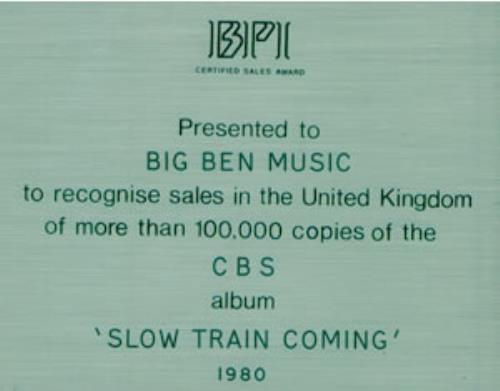 Bob Dylan Slow Train Coming award disc UK DYLAWSL497670