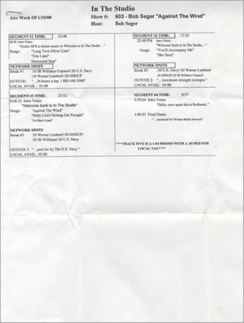 Bob Seger In The Studio - Against The Wind CD-R acetate US SEGCRIN156685