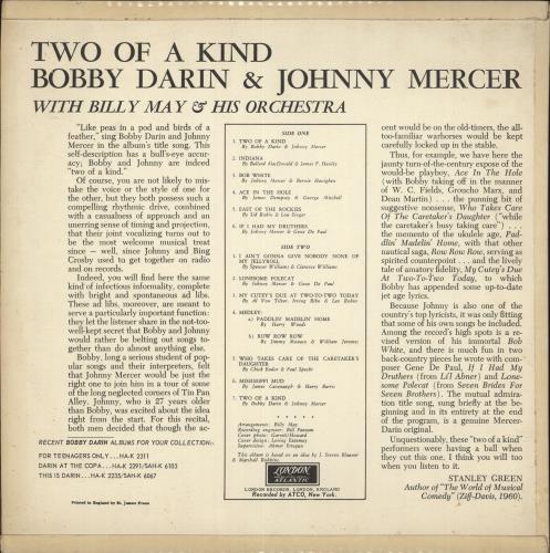 Bobby Darin Two Of A Kind vinyl LP album (LP record) UK BD-LPTW451206