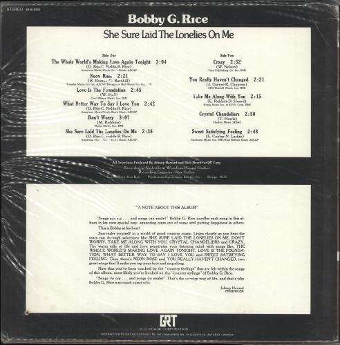 Bobby G Rice She Sure Laid The Lonelies On Me vinyl LP album (LP record) Canadian ZYCLPSH721663