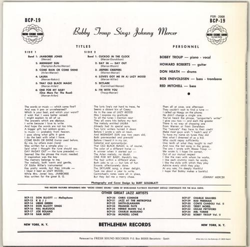Bobby Troup Bobby Troup Sings Johnny Mercer vinyl LP album (LP record) Spanish OUPLPBO707558