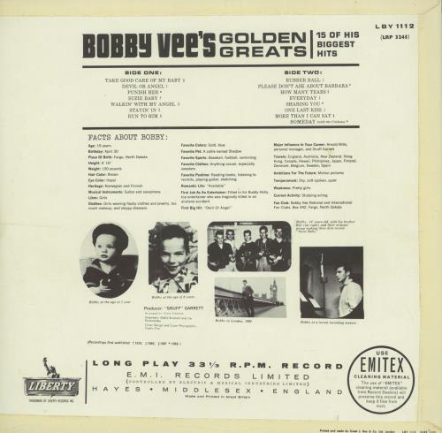 Bobby Vee Golden Greats - EX vinyl LP album (LP record) UK BYVLPGO789538