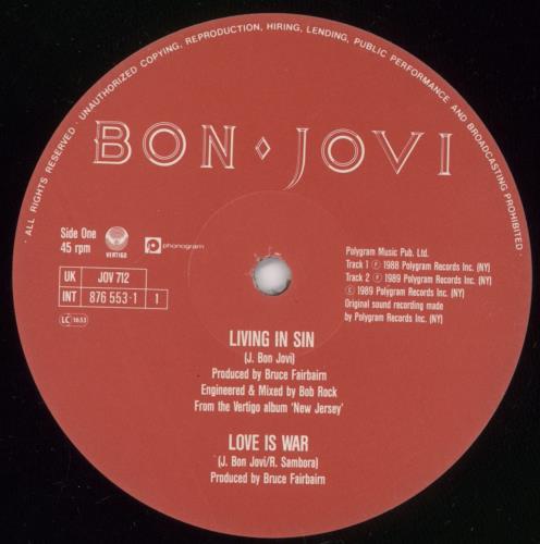 Bon Jovi Living In Sin 12" vinyl single (12 inch record / Maxi-single) UK BON12LI00526