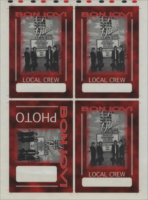 Bon Jovi One Wild Night Tour - At The Sands - Uncut Sheets tour pass US BONTPON428379