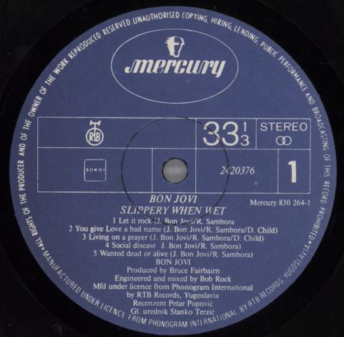 Bon Jovi Slippery When Wet vinyl LP album (LP record) Yugoslavian BONLPSL822635