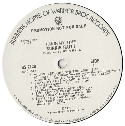 Bonnie Raitt Takin' My Time vinyl LP album (LP record) US BRTLPTA550348