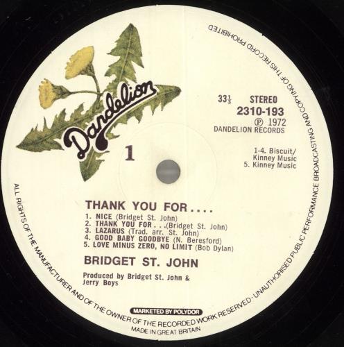 Bridget St John Thank You For... vinyl LP album (LP record) UK BSJLPTH89922