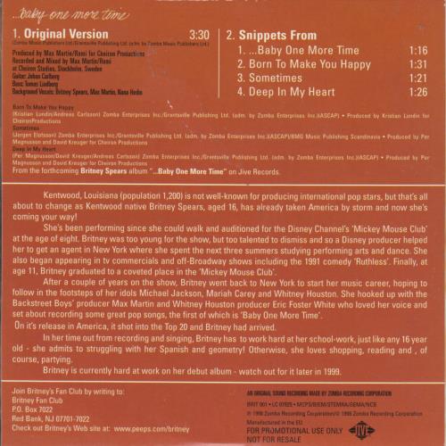 Britney Spears Baby One More Time CD single (CD5 / 5") US BTPC5BA220025