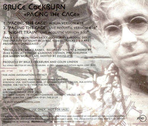 Bruce Cockburn Pacing The Cage CD single (CD5 / 5") US BUKC5PA98795