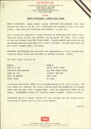 Bruce Dickinson Tattooed Millionaire + PR vinyl LP album (LP record) UK BRDLPTA774416