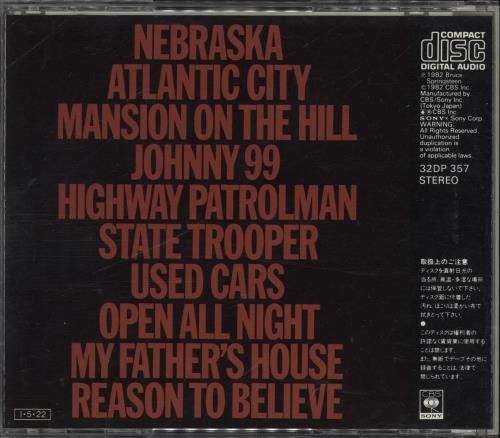 Bruce Springsteen Nebraska CD album (CDLP) Japanese SPRCDNE85815