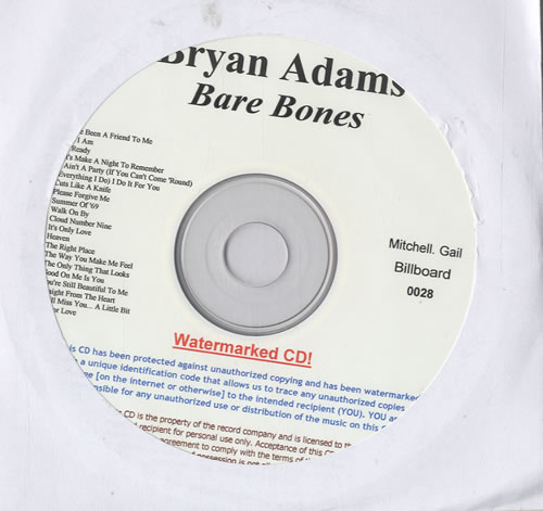 Bryan Adams Bare Bones CD-R acetate US ADACRBA544531