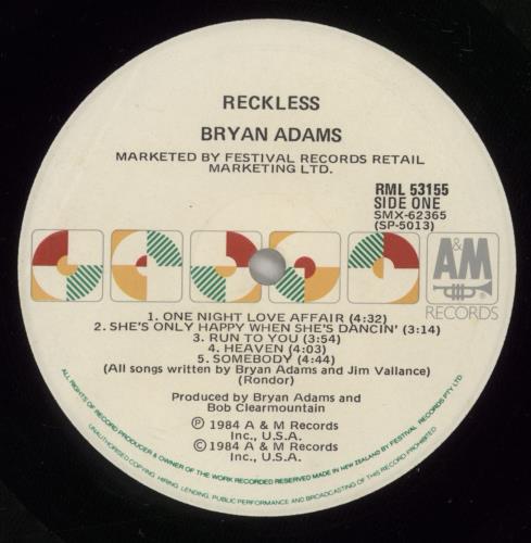 Bryan Adams Reckless vinyl LP album (LP record) New Zealand ADALPRE881967