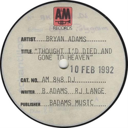 Bryan Adams Thought I'd Died And Gone To Heaven 7" vinyl single (7 inch record / 45) UK ADA07TH35622