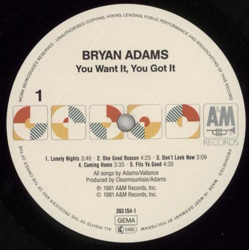 Bryan Adams You Want It, You Got It vinyl LP album (LP record) German ADALPYO877047
