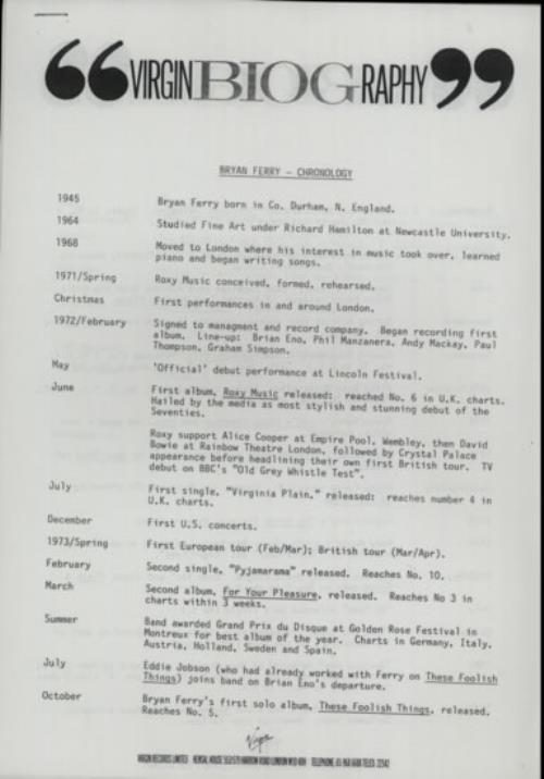 Bryan Ferry Bete Noire media press pack UK FERPPBE590927