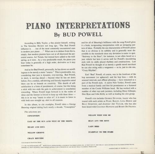 Bud Powell Piano Interpretations vinyl LP album (LP record) Japanese B/PLPPI631840
