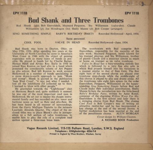 Bud Shank Bud Shank And Three Trombones EP 7" vinyl single (7 inch record / 45) UK BU507BU687916