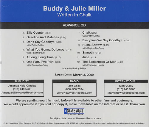 Buddy & Julie Miller Written In Chalk CD album (CDLP) US BWQCDWR485164