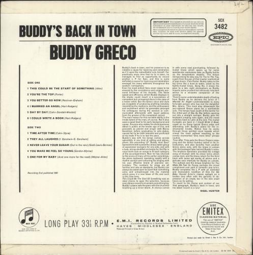 Buddy Greco Buddy's Back In Town vinyl LP album (LP record) UK BG2LPBU741720