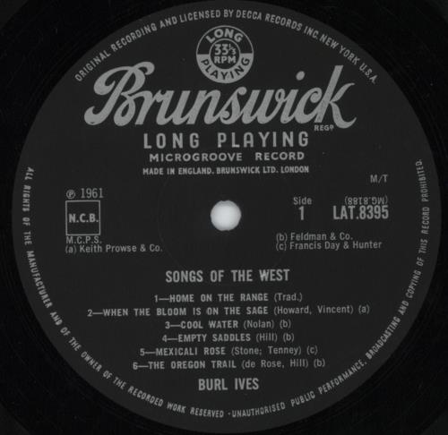 Burl Ives Songs Of The West vinyl LP album (LP record) UK BUVLPSO816272