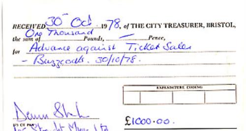 Buzzcocks Performance Statement & Receipt memorabilia UK BUZMMPE313517