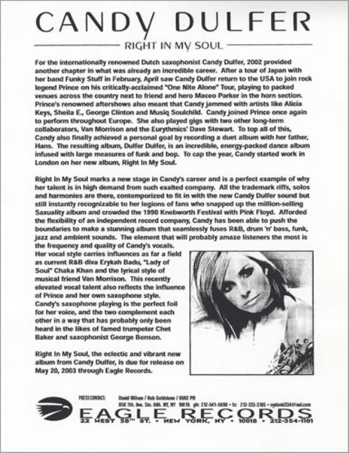 Candy Dulfer Right In My Soul US Promo media press pack (253919) PRESS PACK