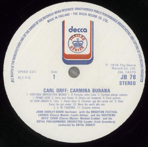 Carl Orff Carmina Burana vinyl LP album (LP record) UK OB6LPCA707722