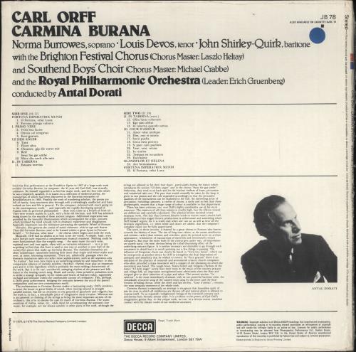 Carl Orff Carmina Burana vinyl LP album (LP record) UK OB6LPCA707722