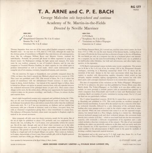 Carl Philipp Emanuel Bach Bach: Concerto In C Minor / Concerto In G Minor vinyl LP album (LP record) UK C4NLPBA853003