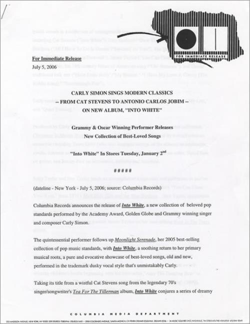 Carly Simon Into White media press pack US CALPPIN437241