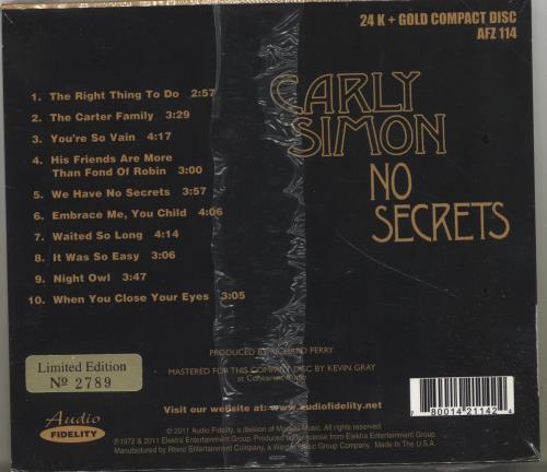 Carly Simon No Secrets - Gold - Sealed CD album (CDLP) US CALCDNO690753
