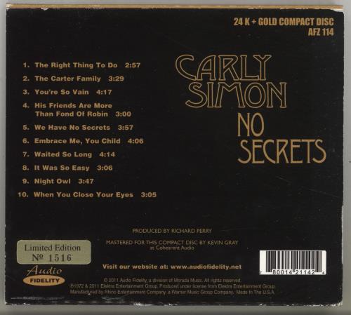Carly Simon No Secrets CD album (CDLP) US CALCDNO704362