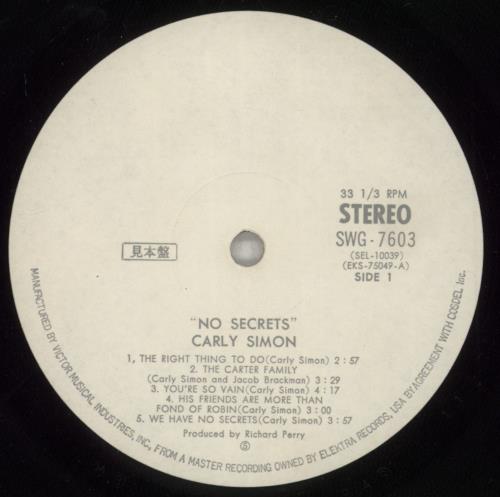 Carly Simon No Secrets vinyl LP album (LP record) Japanese CALLPNO884401