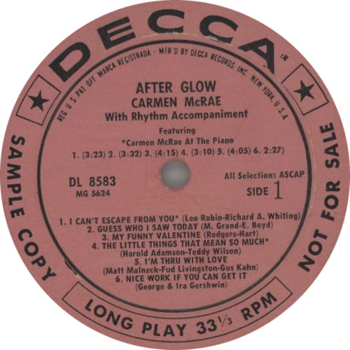 Carmen McRae After Glow vinyl LP album (LP record) US C-MLPAF604658