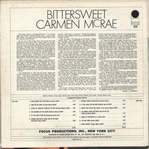 Carmen McRae Bittersweet vinyl LP album (LP record) US C-MLPBI712287