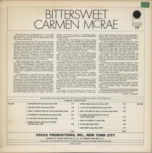 Carmen McRae Bittersweet vinyl LP album (LP record) Japanese C-MLPBI876103