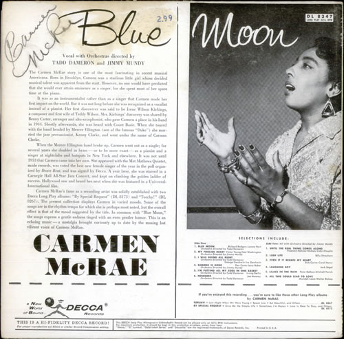Carmen McRae Blue Moon - Autographed vinyl LP album (LP record) US C-MLPBL520225