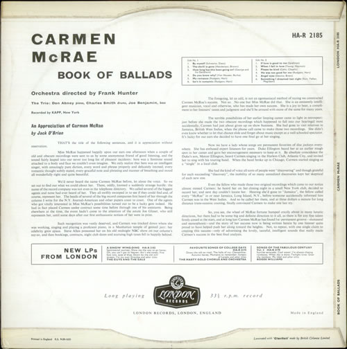 Carmen McRae Book Of Ballads vinyl LP album (LP record) UK C-MLPBO535162