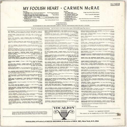 Carmen McRae My Foolish Heart vinyl LP album (LP record) US C-MLPMY711688