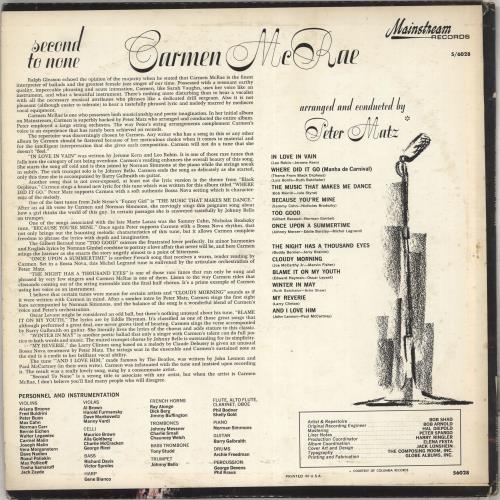 Carmen McRae Second To None vinyl LP album (LP record) US C-MLPSE712264