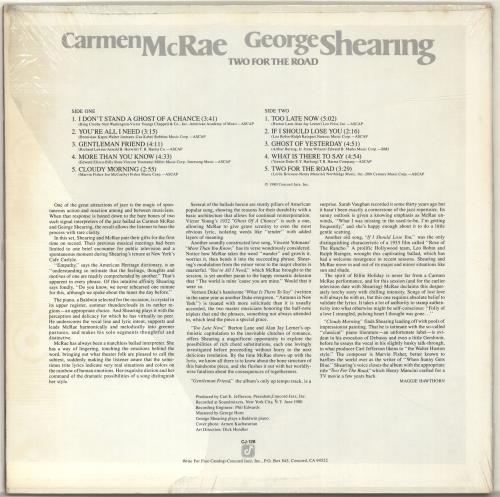 Carmen McRae Two For The Road vinyl LP album (LP record) US C-MLPTW584296