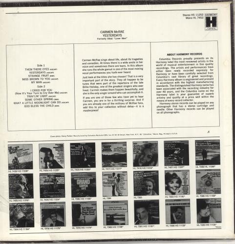 Carmen McRae Yesterday vinyl LP album (LP record) US C-MLPYE712070