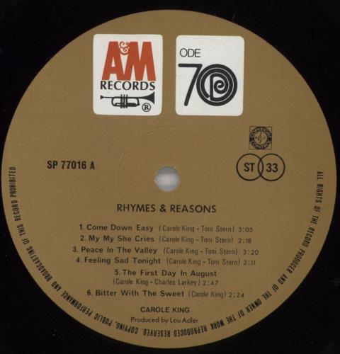 Carole King Rhymes & Reasons vinyl LP album (LP record) Australian CRLLPRH825938