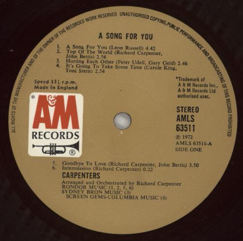Carpenters A Song For You - 1st vinyl LP album (LP record) UK CRPLPAS745269