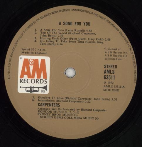 Carpenters A Song For You - 2nd - EX vinyl LP album (LP record) UK CRPLPAS856089