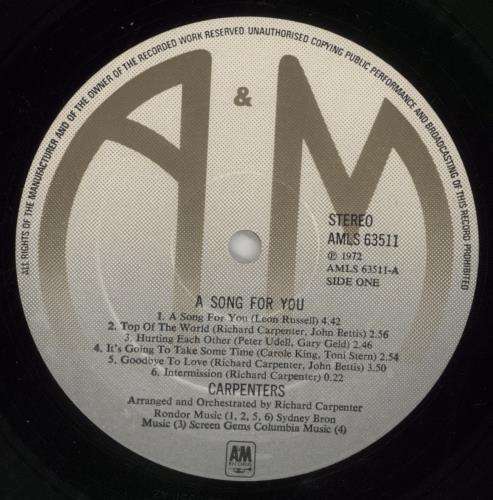 Carpenters A Song For You - 2nd vinyl LP album (LP record) UK CRPLPAS264277