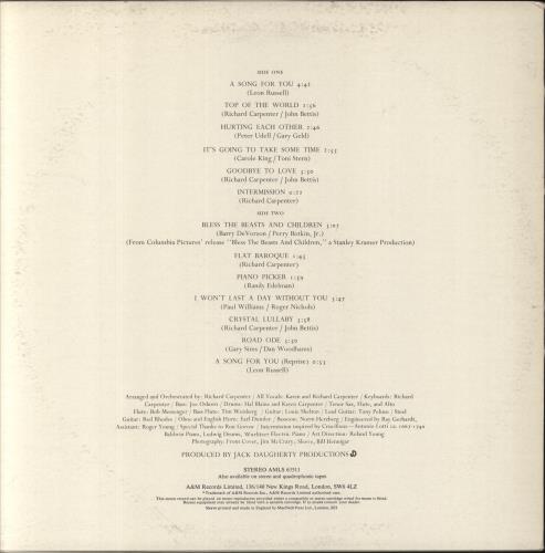 Carpenters A Song For You - 2nd vinyl LP album (LP record) UK CRPLPAS264277