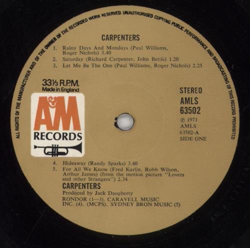 Carpenters Carpenters - Hype Stickered Sleeve vinyl LP album (LP record) UK CRPLPCA850913