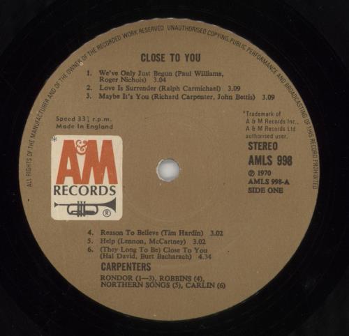 Carpenters Close To You vinyl LP album (LP record) UK CRPLPCL312743